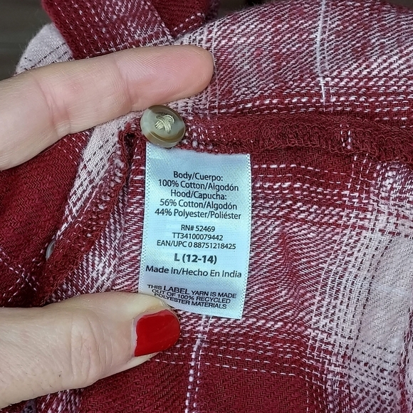 Time & Tru hooded flannel shirt button down maroon cream pink plaid pattern L - Picture 7 of 8